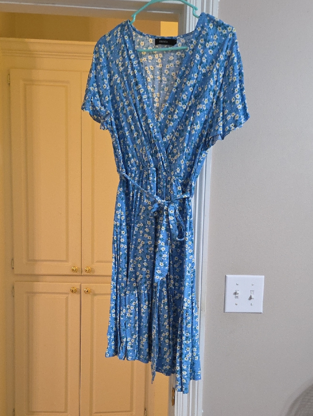 Blue Floral Faux Wrap Dress with Tie